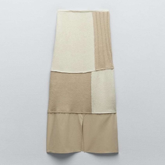 ZARA NEW WOMAN HIGH-WAIST LONG KNIT PATCHWORK SKIRT ECRU - Picture 5 of 7